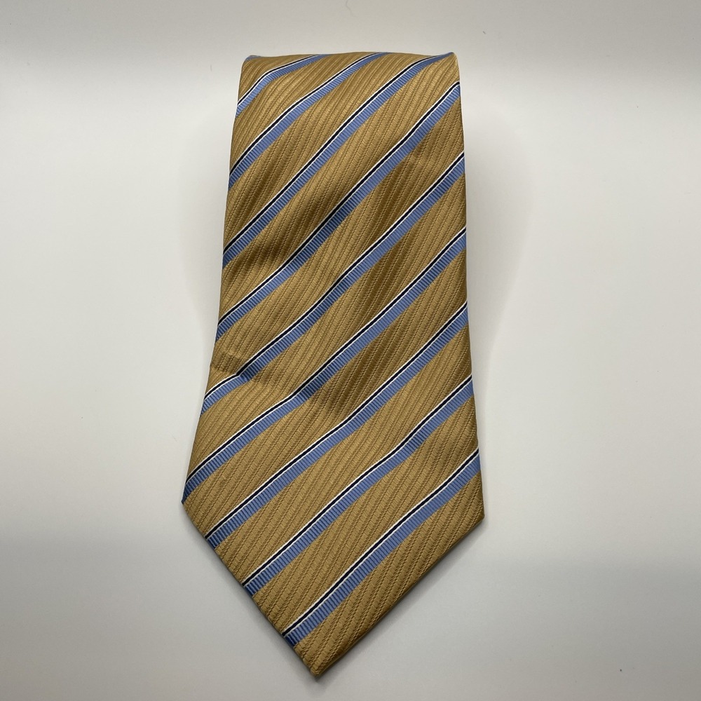 GEOFFREY BEAN LONG tie‎ gold with blue stripes stain resistant fabric 59 X 4